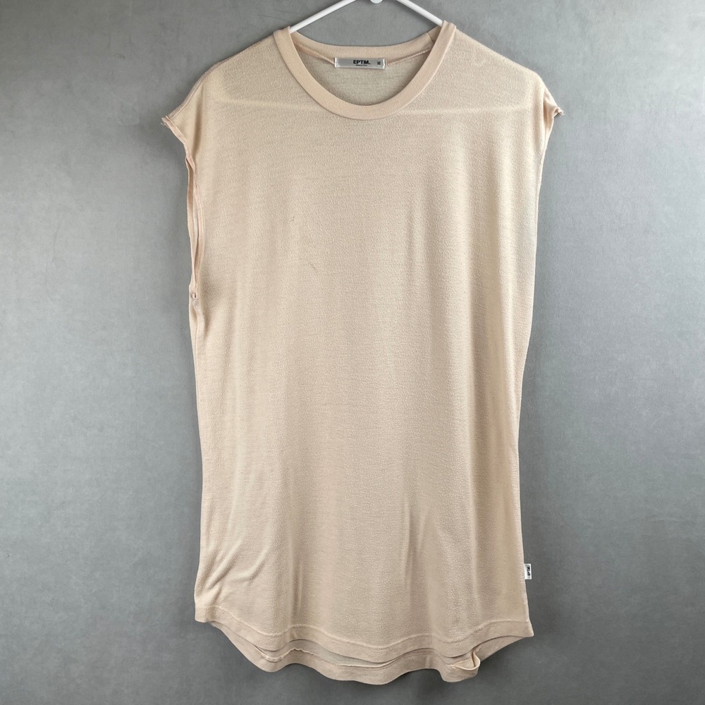EPTM Cream Slub Knit Sleeveless Longline Tee Curve Hem M‎ Desert Core USA Read